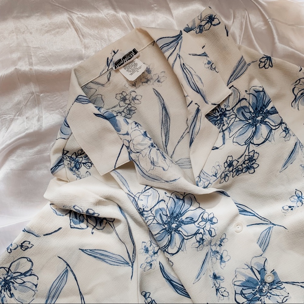 Vintage Blue Metallic + White Boxy Blouse SZ XL